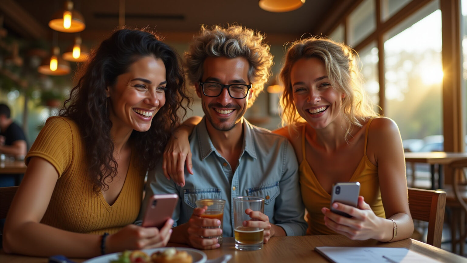 Três amigos brasileiros sorrindo e compartilhando um momento de carinho, com um celular, celebrando o Dia do Amigo.