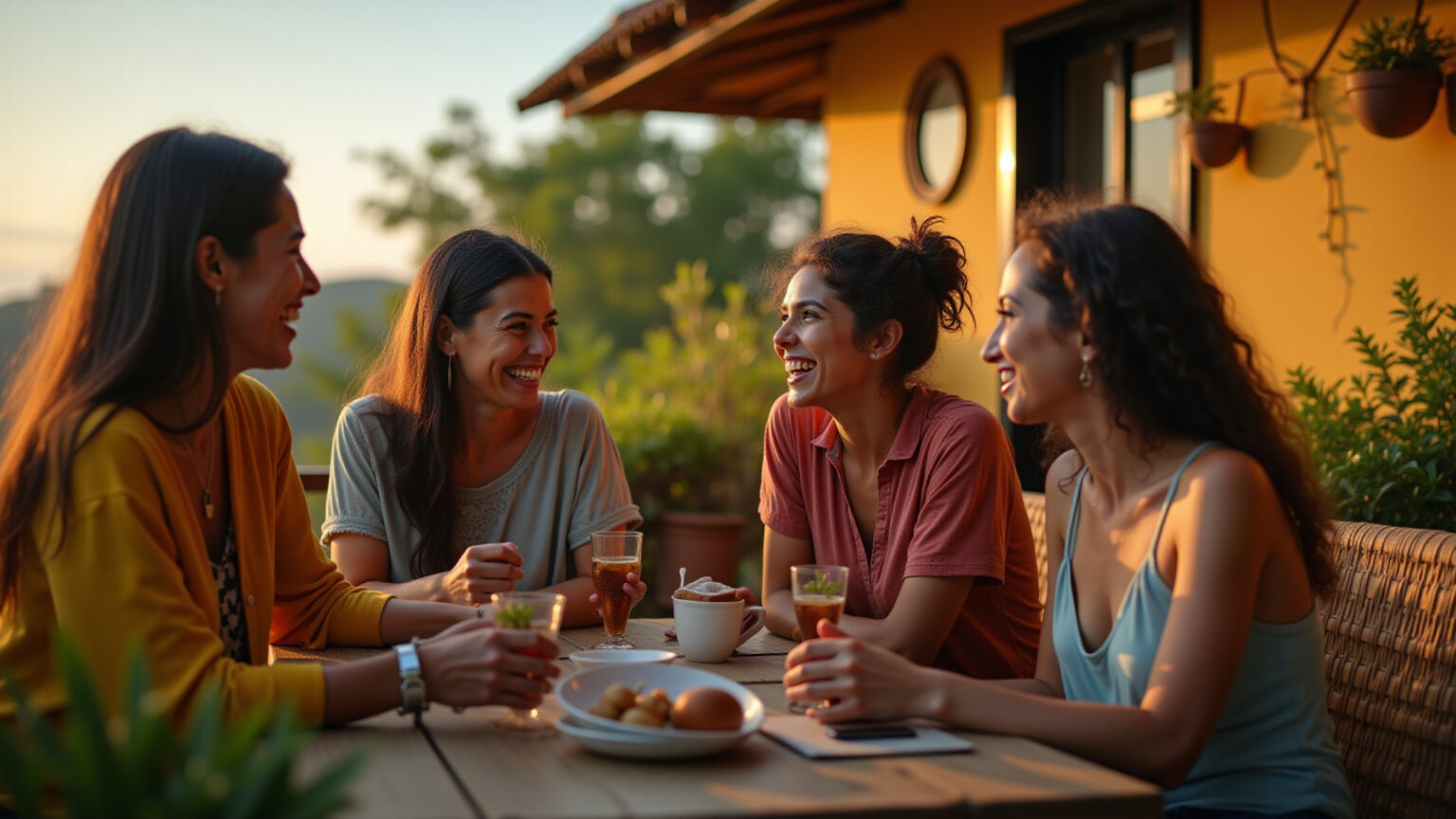 Amigos brasileiros de diversas idades rindo juntos em uma varanda colorida, celebrando a amizade verdadeira e a conexão.