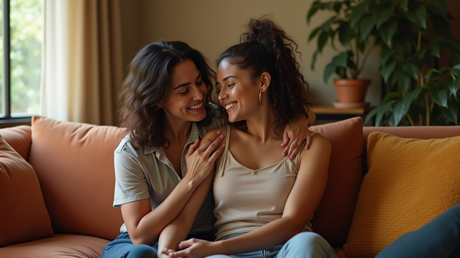 Mensagem de apoio para amiga: 3 frases que acolhem sem clichê Duas amigas brasileiras em um momento de apoio e conforto mútuo, em ambiente aconchegante.