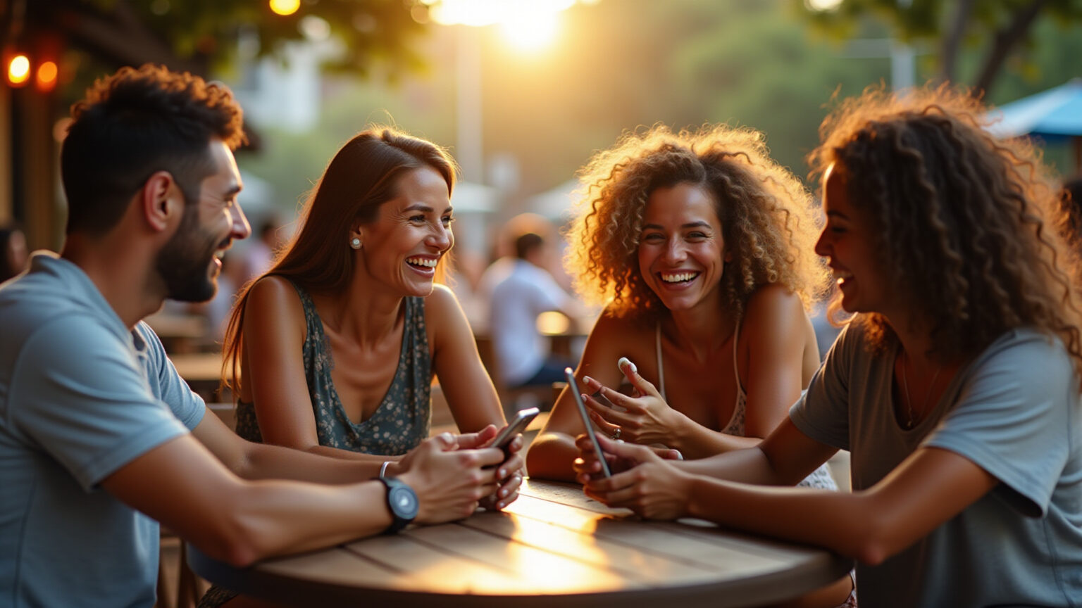 Amigos brasileiros sorrindo e celebrando o Dia do Amigo, trocando mensagens no WhatsApp em um café vibrante.