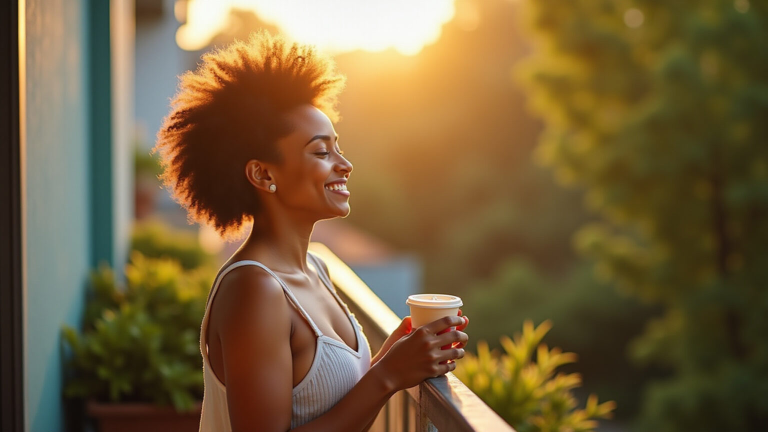 Pessoa brasileira sorrindo em uma manhã inspiradora com luz dourada, transmitindo motivação e fé.