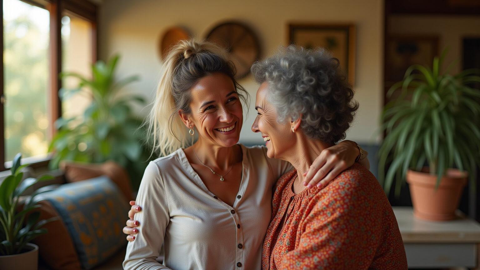39 Mensagem de Mãe que Vão Emocionar e Fortalecer o Amor de Vocês Mãe e filha adulta brasileira se abraçando com carinho, em um lar aconchegante e ensolarado.